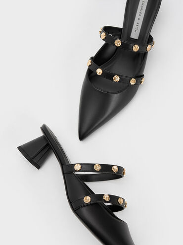 Studded Trapeze Heel Mules, Black, hi-res