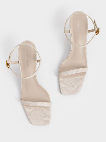Snake-Print Ankle-Strap Heeled Sandals, Animal Print White, hi-res