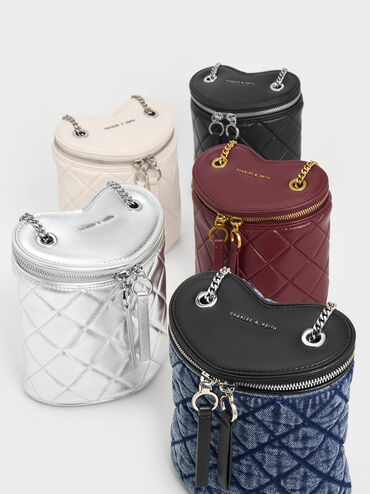 Philomena Denim Quilted Heart Cylindrical Bag, Denim Blue, hi-res