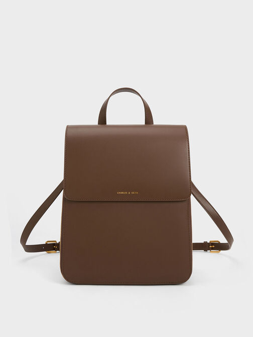 Front Flap Structured Backpack, Dark Brown, hi-res
