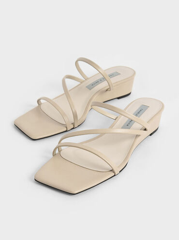 Strappy Wedge Mules, Beige, hi-res