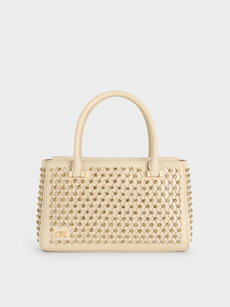 Suede & Leather Studded Cut-Out Tote Bag, Cream, hi-res