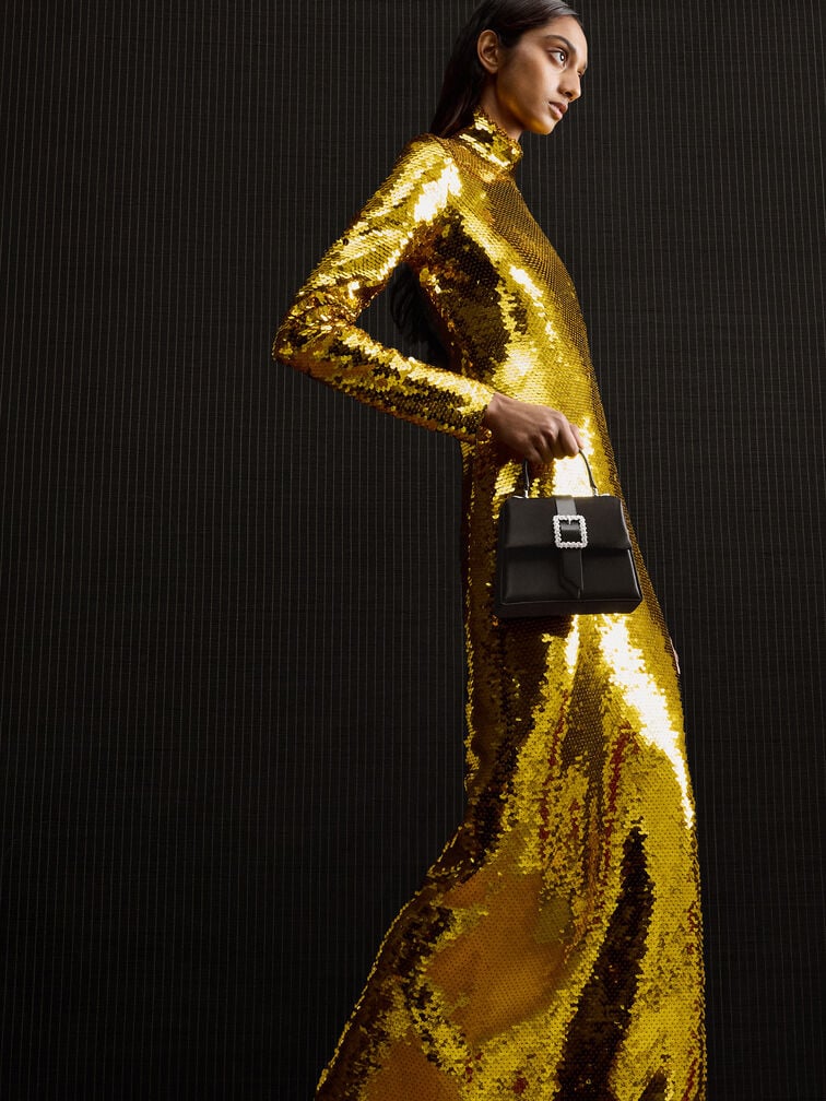 Satin Crystal-Buckle Belted Top Handle Bag, Noir, hi-res