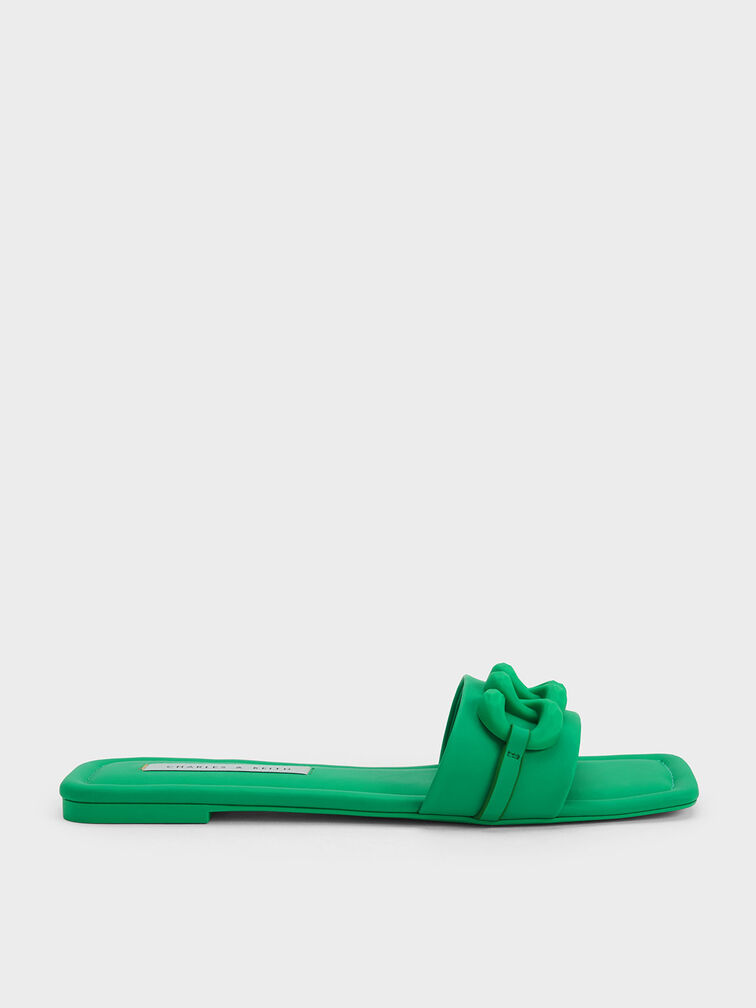 Chunky Chain-Link Slide Sandals, Green, hi-res
