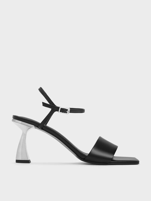 Open Toe Curved Heel Sandals, Black, hi-res