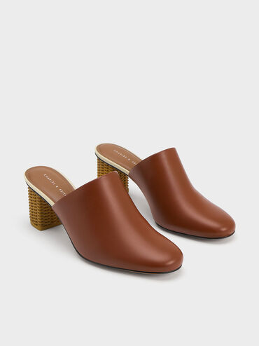 Rattan Block Heel Mules, Cognac, hi-res