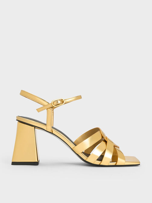 Interwoven Metallic Block Heel Sandals, Gold, hi-res
