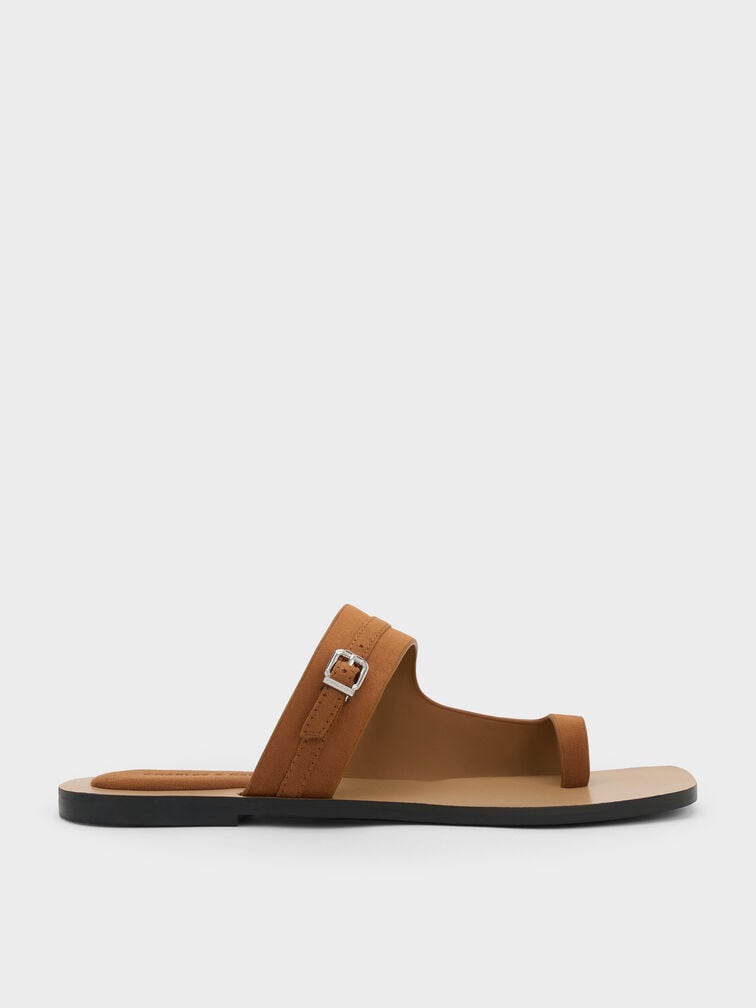 Faux Suede Buckled Toe-Ring Sandals, Cognac, hi-res