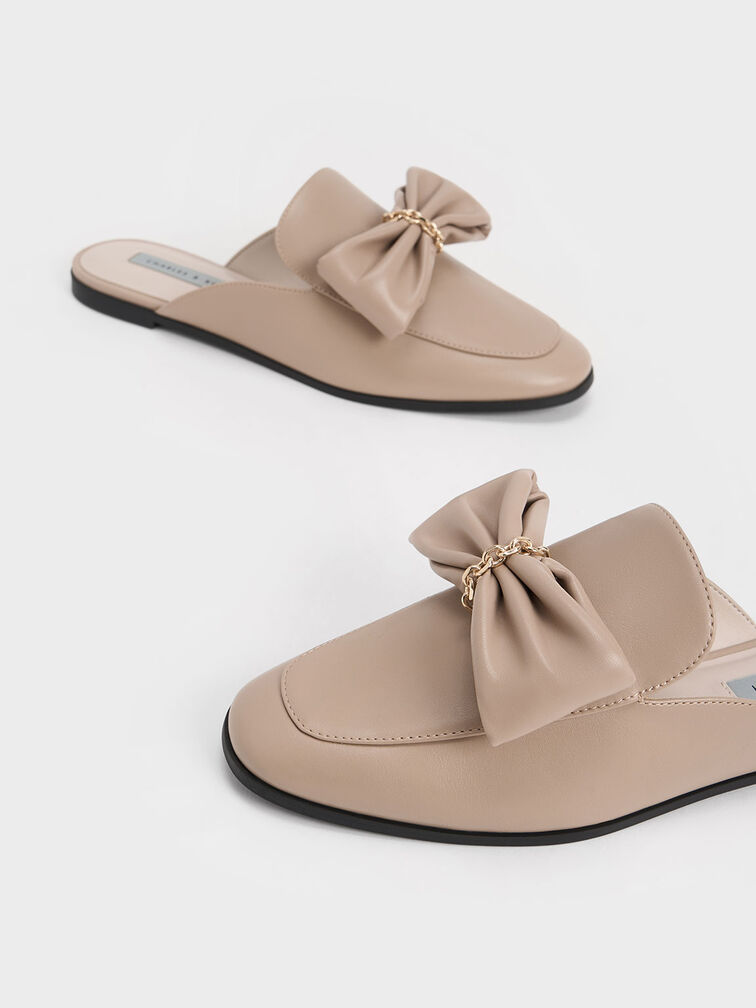 Chain-Link Bow Loafer Mules, Beige, hi-res