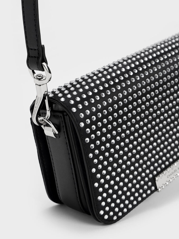 Crystal-Embellished Chain Strap Bag, Black, hi-res