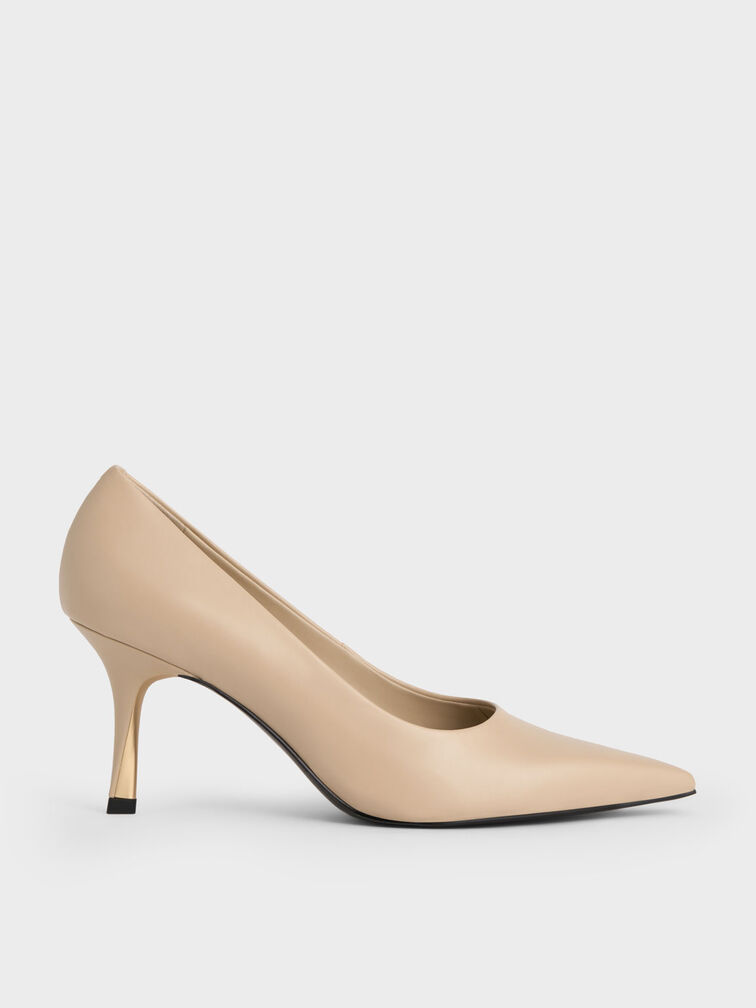 Sculptural Heel Pointed-Toe Pumps, Beige, hi-res