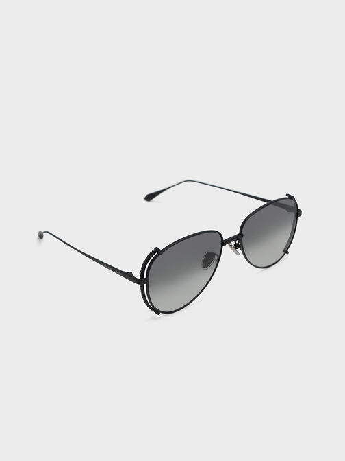 Gem-Embellished Wireframe Aviator Sunglasses, Black, hi-res
