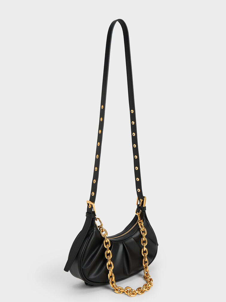 Duo Ruched Shoulder Bag, Black, hi-res