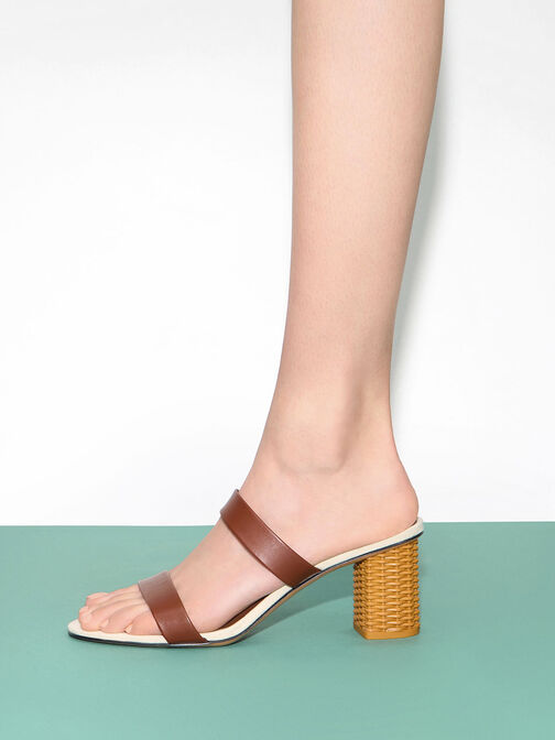 Rattan Block Heel Sandals - Orange