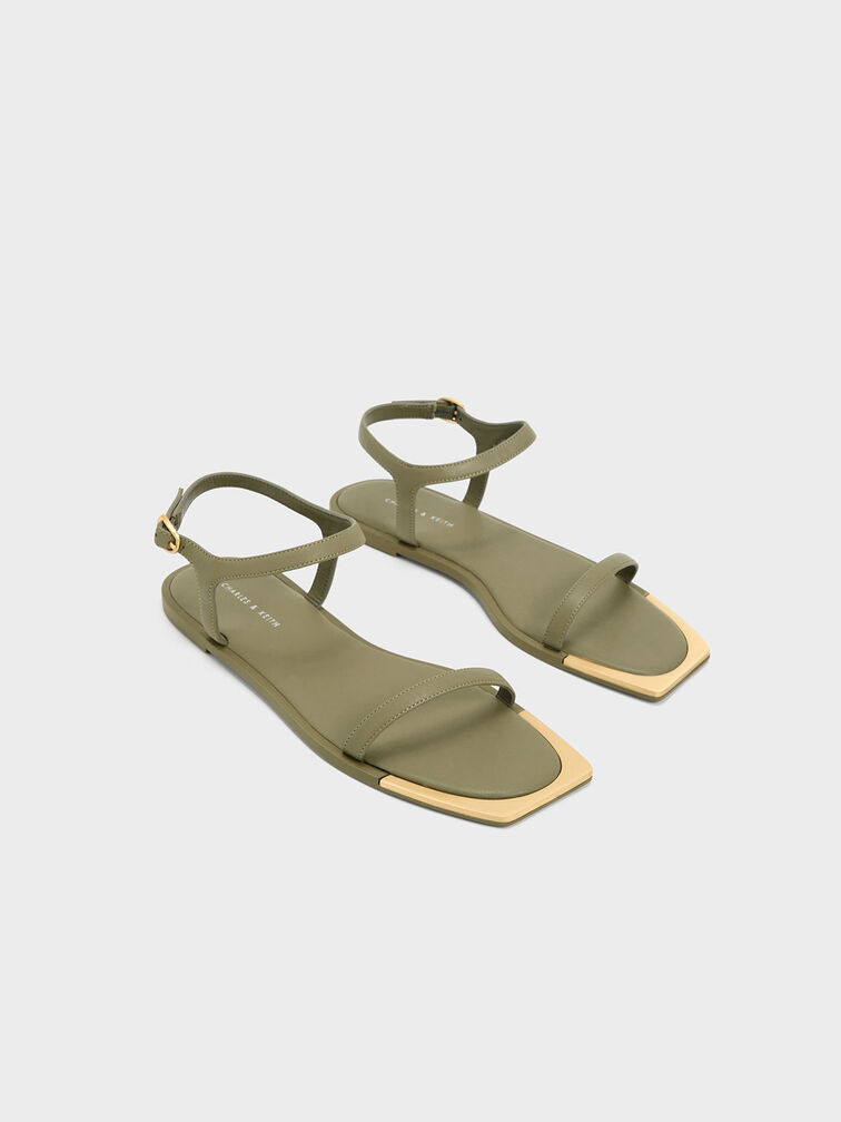 Metallic Square-Toe Sandals, Olive, hi-res