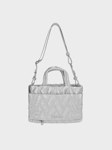 Nylon Chevron Boxy Tote Bag, Silver, hi-res