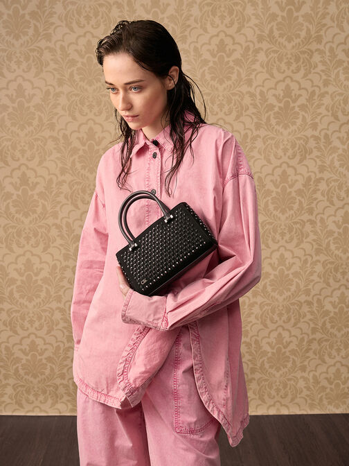 Suede & Leather Studded Cut-Out Tote Bag, Noir, hi-res