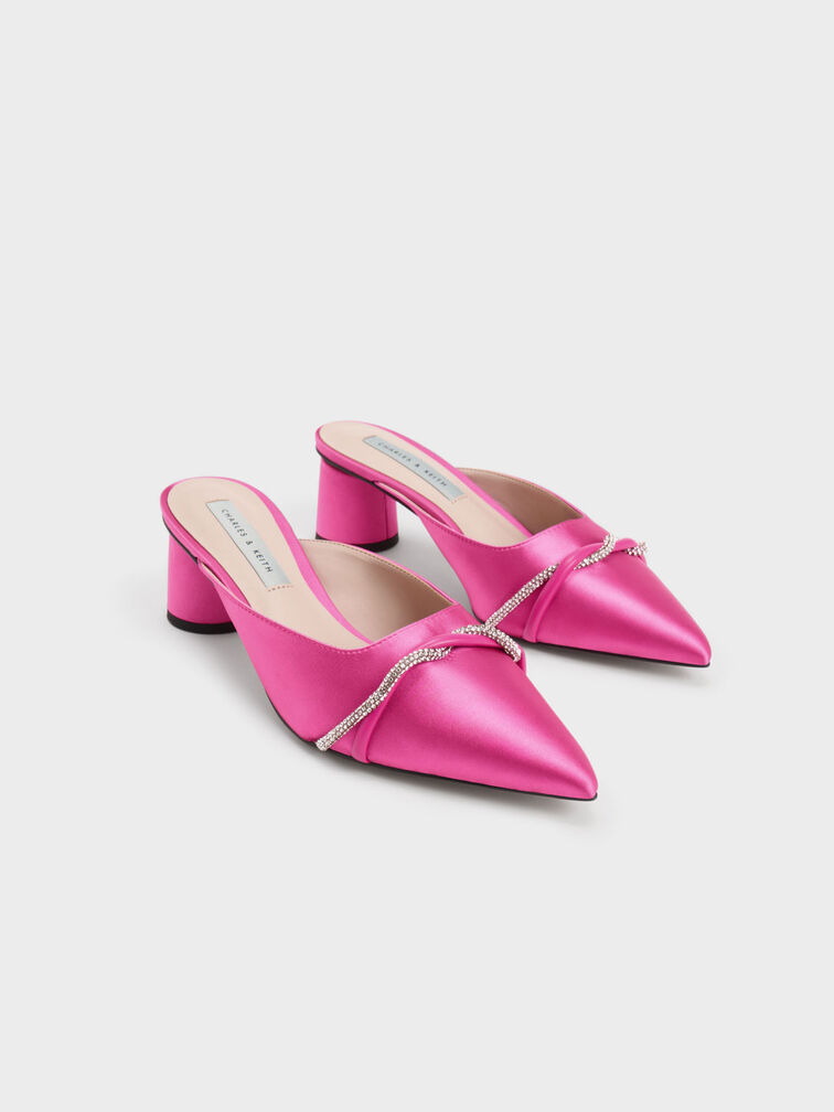 Twist Detail Satin Mules, Pink, hi-res