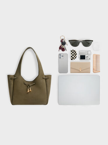 Mila Recycled Suede Metallic-Knot Drawstring Tote Bag, Deep Olive, hi-res