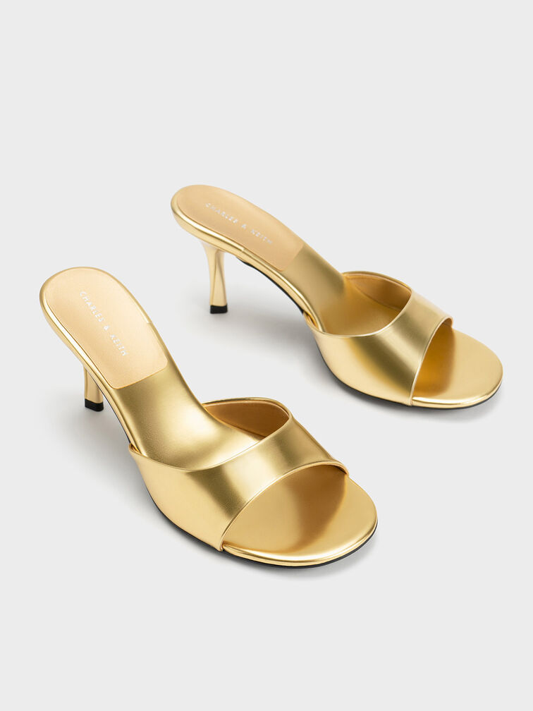 Metallic Round-Toe Sculptural Heel Mules, Gold, hi-res