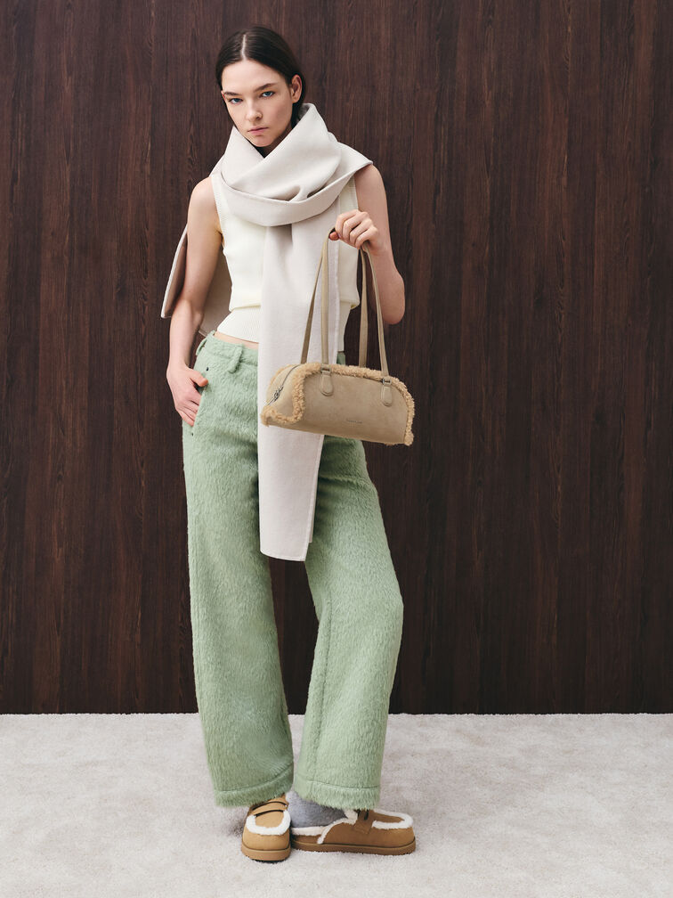 Nelly Recycled Suede & Faux Shearling Elongated Shoulder Bag, Nutmeg Beige, hi-res