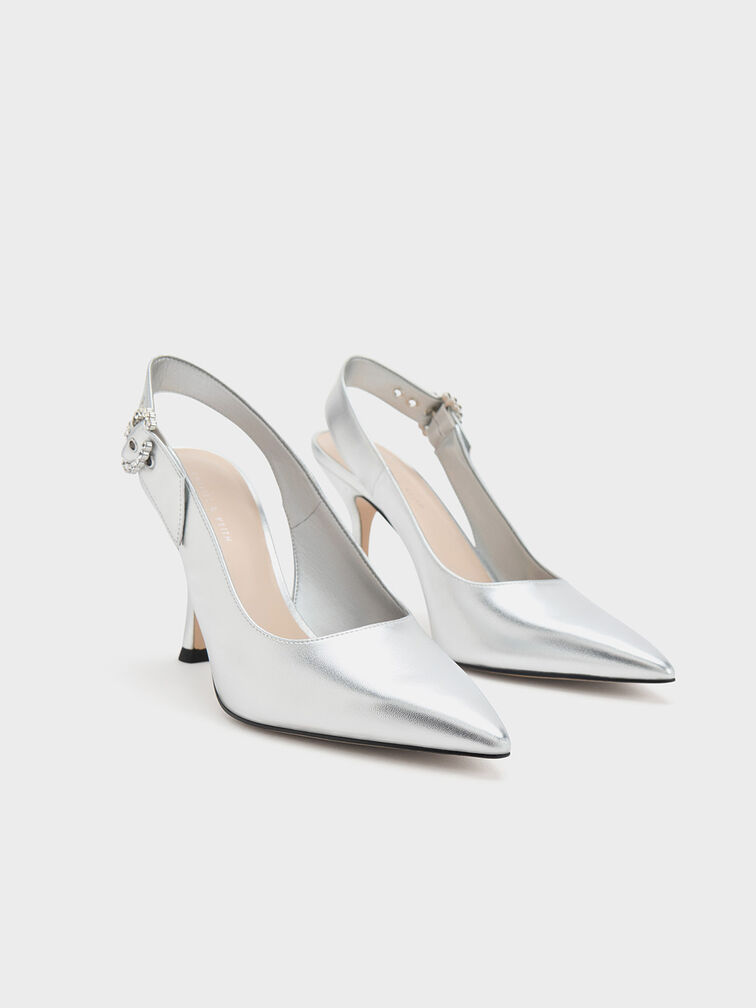 Embellished Metallic Slingback Pumps, Silver, hi-res