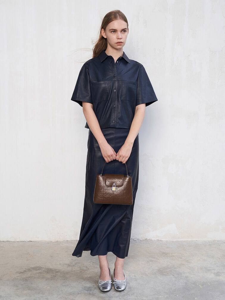 Suki Crinkle-Effect Top Handle Bag, Dark Brown, hi-res