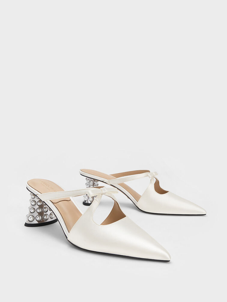 Jacinda Beaded Heel Bow Mules, White, hi-res