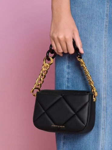 Mini Danika Chunky Chain Padded Bag, Black, hi-res