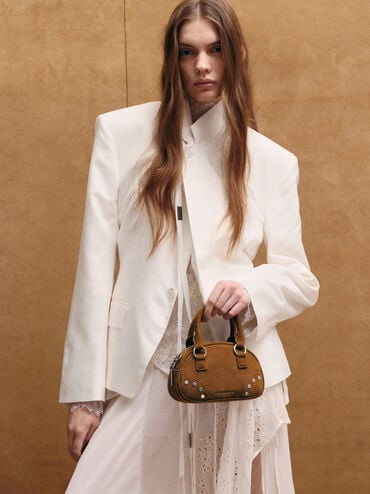 Bobbie Recycled Suede Studded Top Handle Bag, Sienna Brown, hi-res