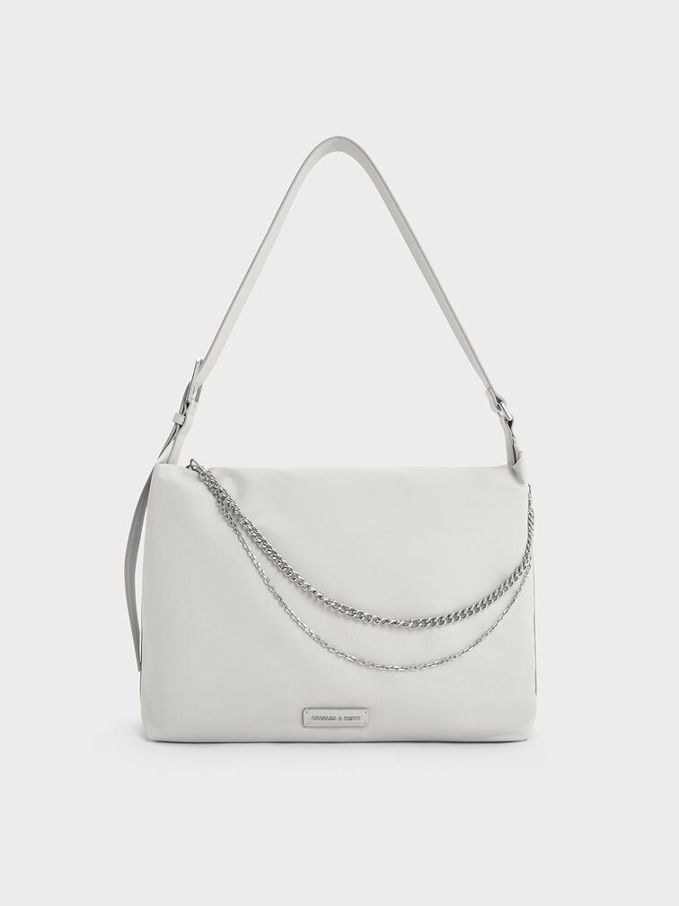 Nylon Chain-Link Slouchy Shoulder Bag, Light Grey, hi-res