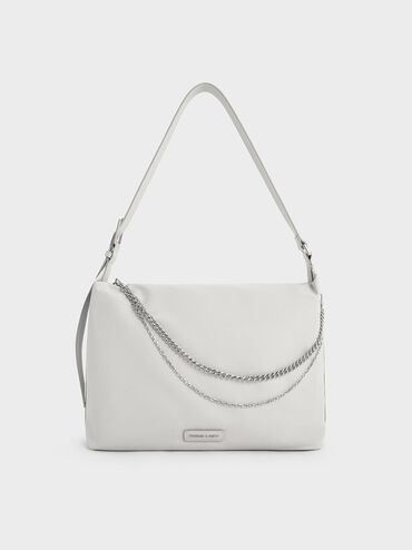 Nylon Chain-Link Slouchy Shoulder Bag, Light Grey, hi-res