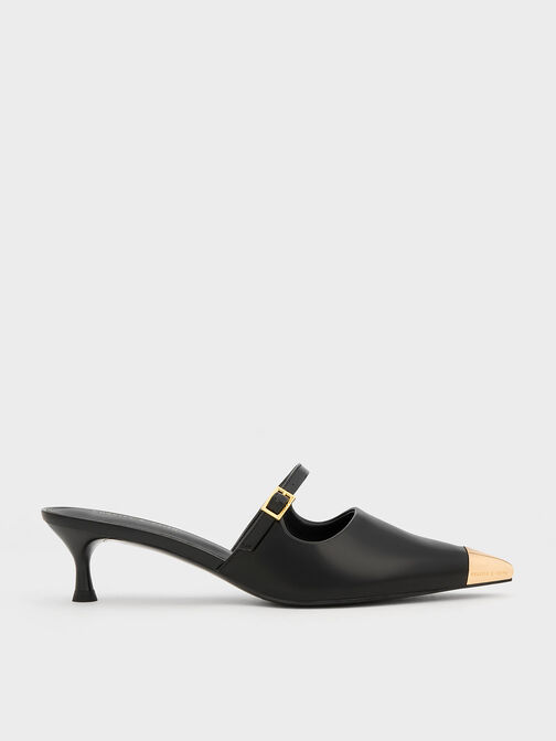 Metallic Cap Heeled Mules, Black, hi-res