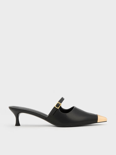 Metallic Cap Heeled Mules, Black, hi-res