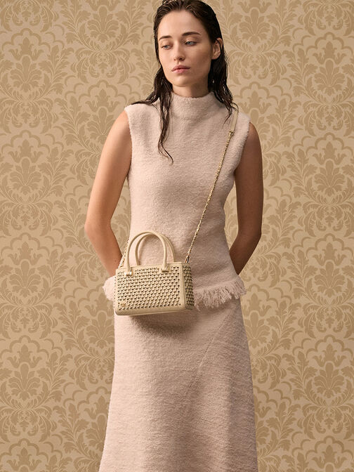 Suede & Leather Studded Cut-Out Tote Bag, Cream, hi-res