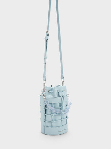 Heart Motif Caged Bucket Bag, Light Blue, hi-res