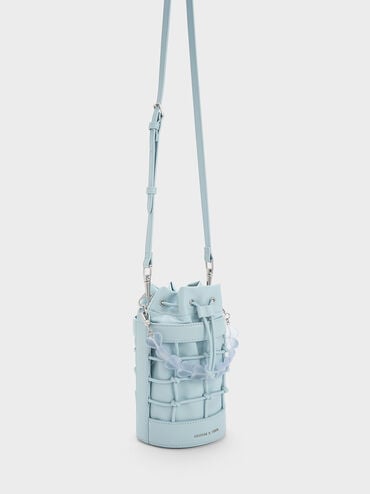 Heart Motif Caged Bucket Bag, Light Blue, hi-res