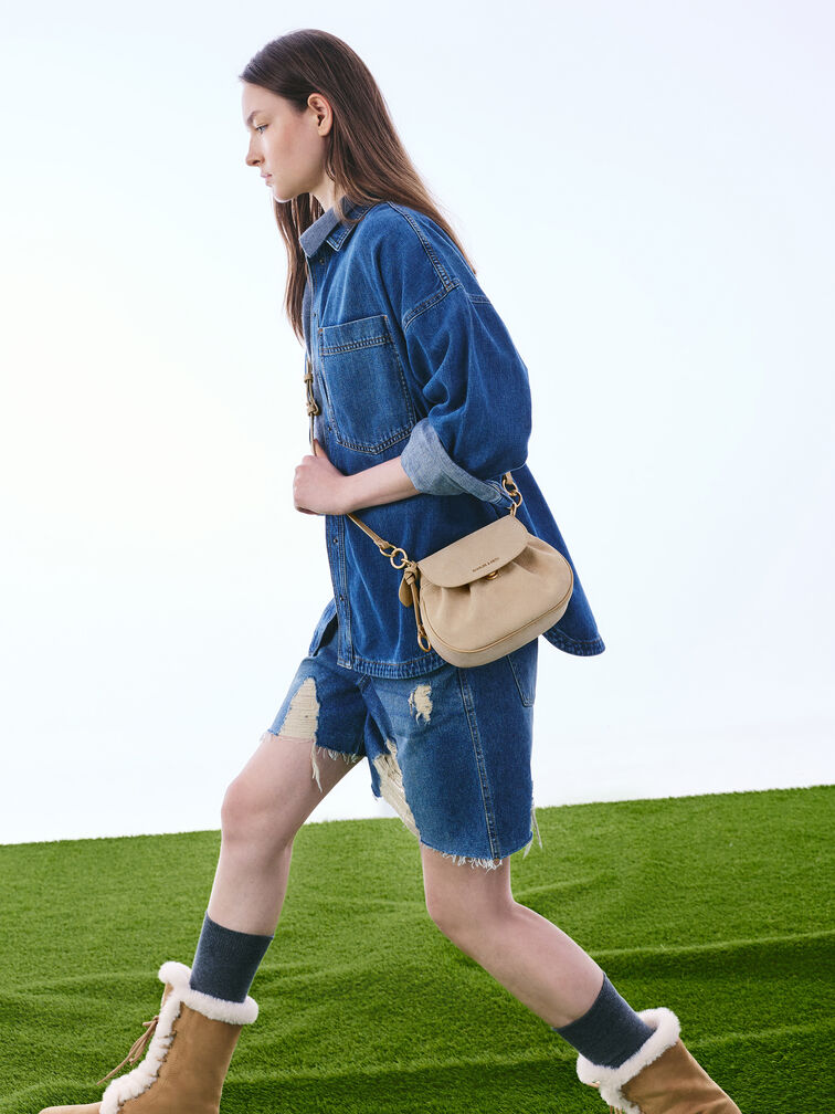 Britton Recycled Suede Ruched Saddle Bag, Nutmeg Beige, hi-res