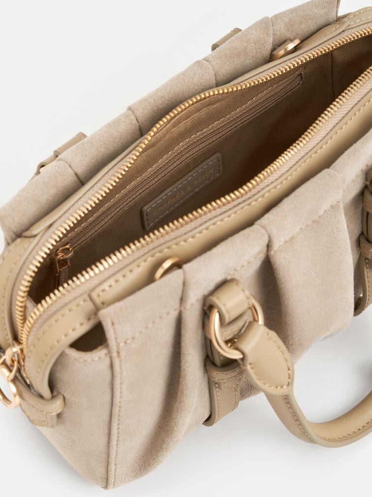 Britton Recycled Suede Ruched Top Handle Tote Bag, Nutmeg Beige, hi-res