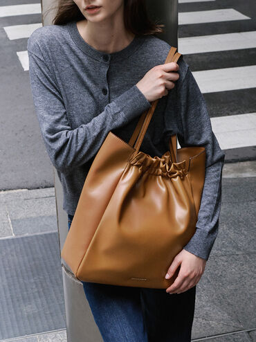 Brigette Ruched Tote Bag, Brown, hi-res