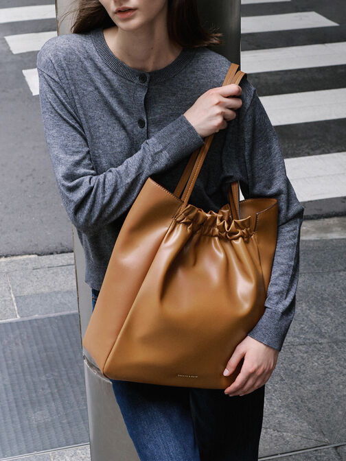 Brigette Ruched Tote Bag, Brown, hi-res