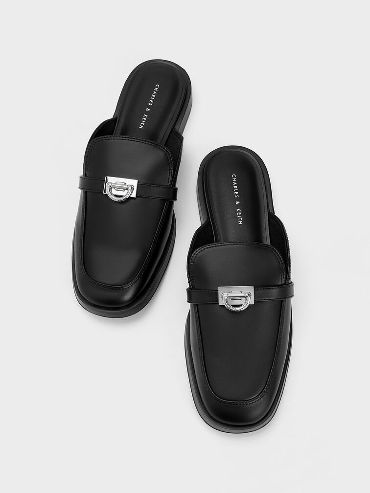 Metallic Accent Loafer Mules, Black, hi-res