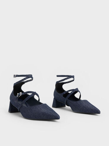 Denim Strappy Buckled Pumps, Dark Blue, hi-res