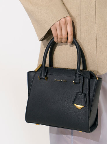 Harper Geometric Top Handle Bag, Black, hi-res