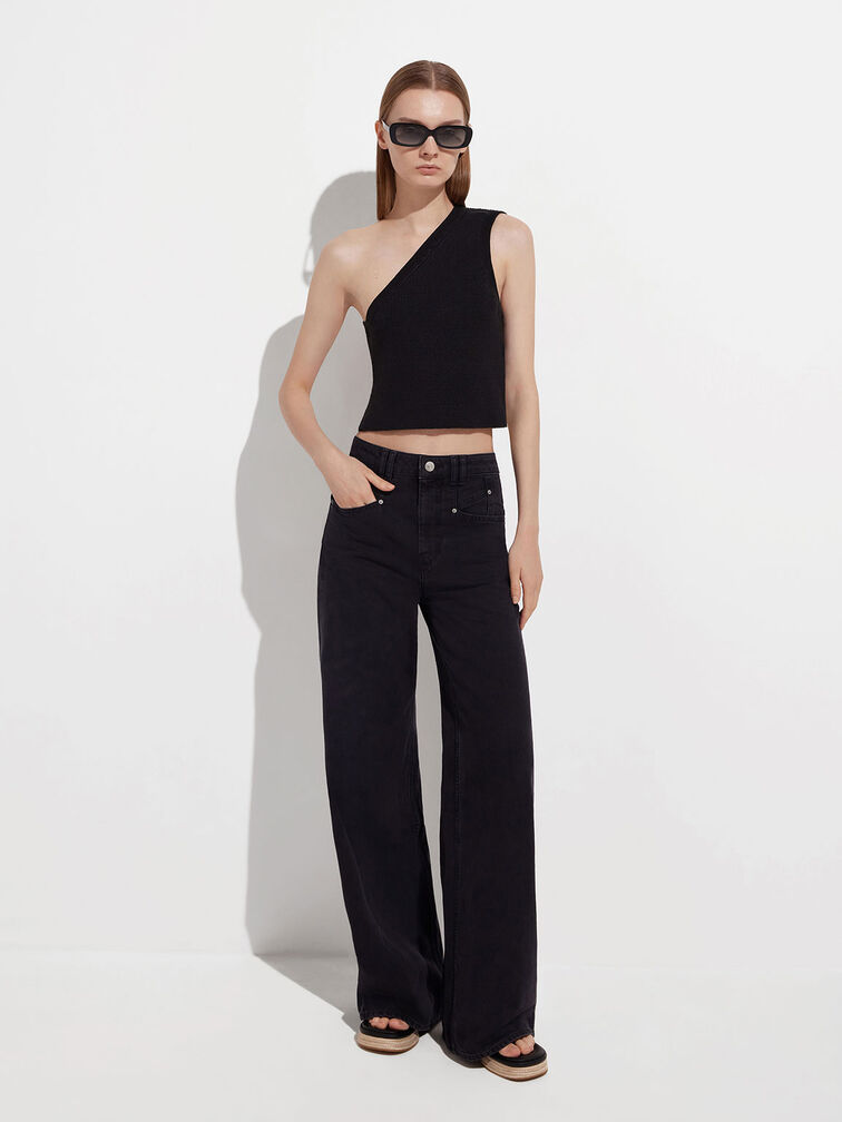 Aubrey Rectangular Recycled Acetate Sunglasses, Black, hi-res