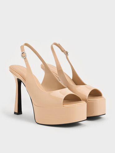 Patent Peep-Toe Stiletto-Heel Platform Sandals, Nude, hi-res
