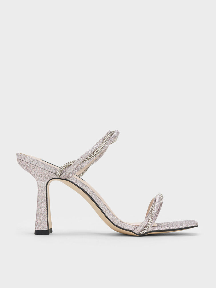 Embellished Twisted Strap Glittered Sandals, Silver, hi-res