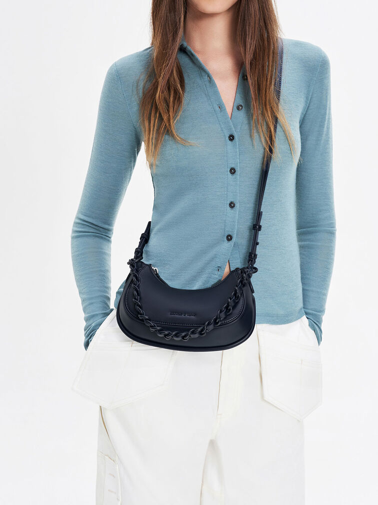Alouette Curved Shoulder Bag, Navy, hi-res