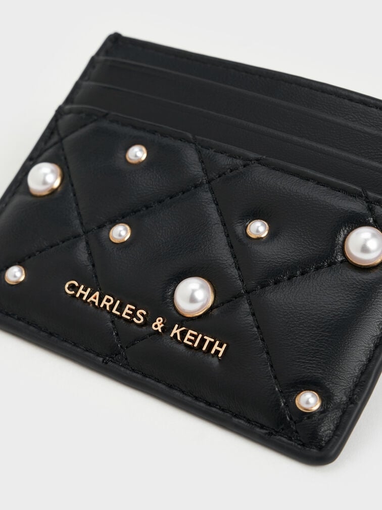 Janie Pearl-Embellished Quilted Card Holder, Black, hi-res