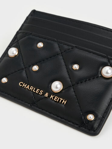 Janie Pearl-Embellished Quilted Card Holder, Black, hi-res